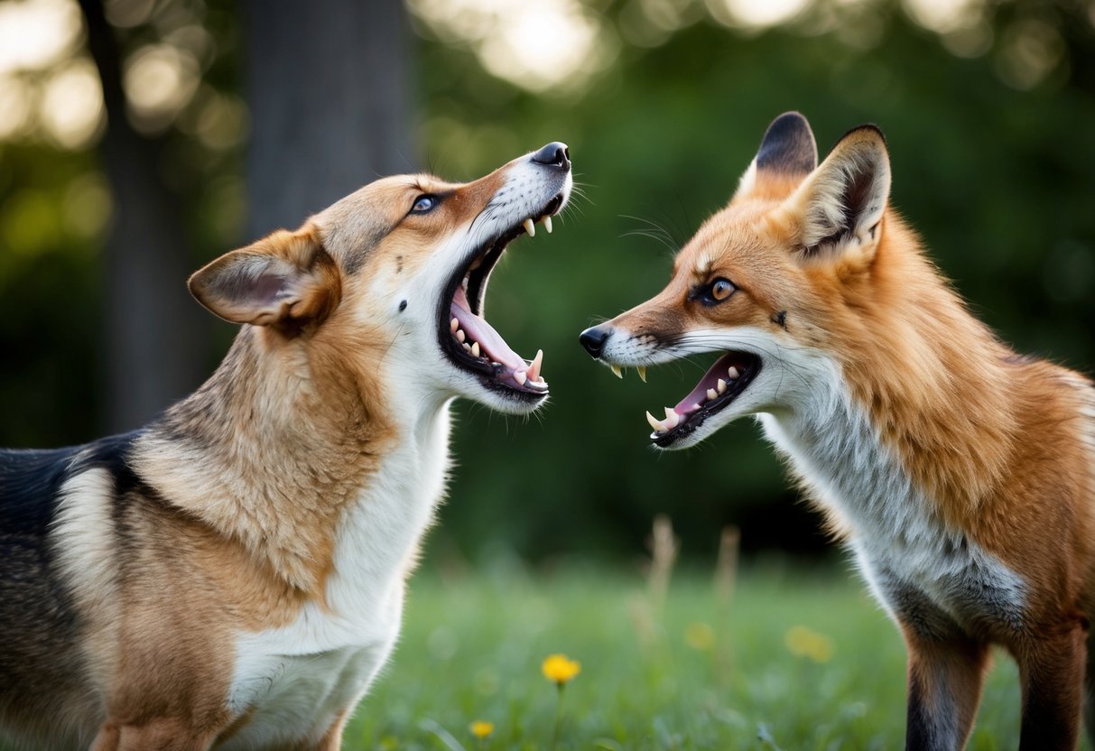 A dog barking fiercely at a fox, with raised fur and a menacing stance