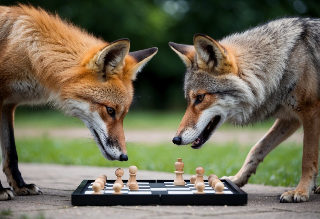 A fox and a wolf face off, each solving a complex puzzle