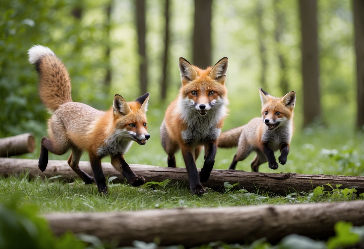 A fox mother and her kits playfully chase each other through a lush forest, their bushy tails swishing as they leap gracefully over fallen logs