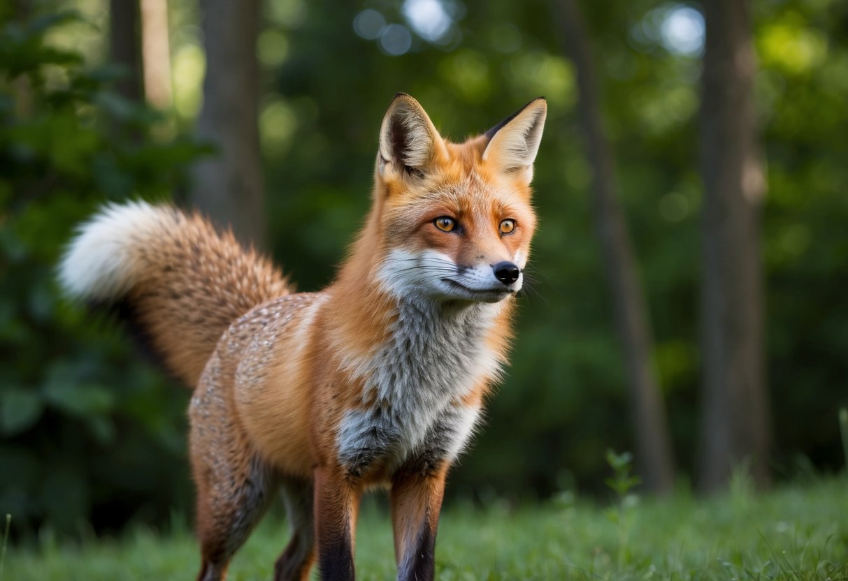 A red fox stands proudly in a lush forest, its bushy tail held high. It gazes confidently ahead, showcasing its keen intelligence and adaptability