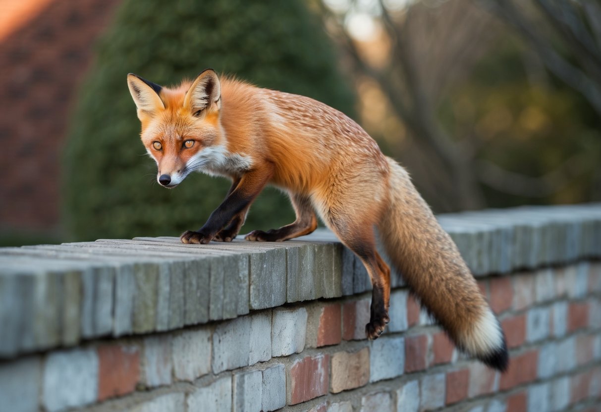 A red fox scaling a weathered brick wall with ease