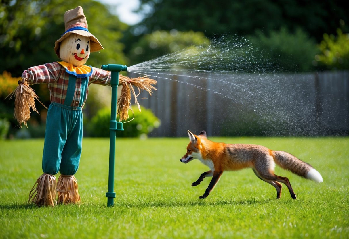 A scarecrow and a motion-activated sprinkler in a garden, with a fox running away