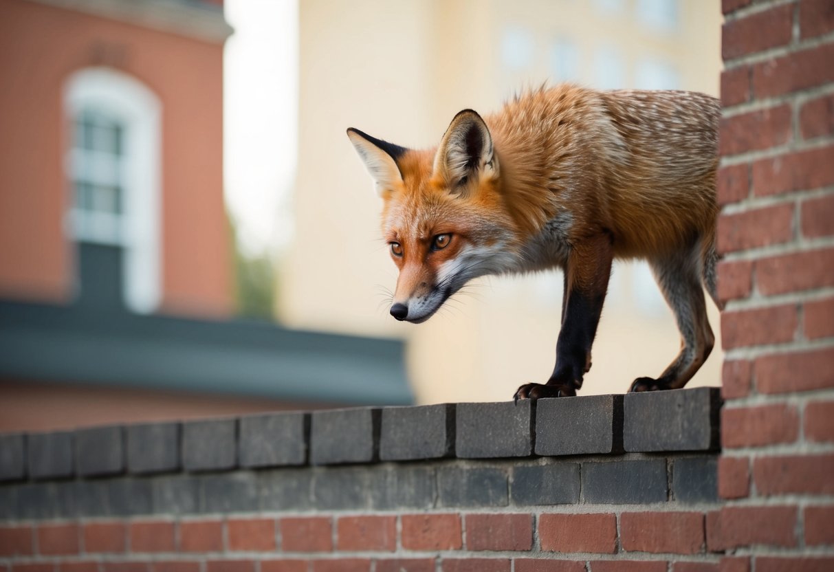 A red fox perched atop a tall brick wall, looking down with curiosity and determination