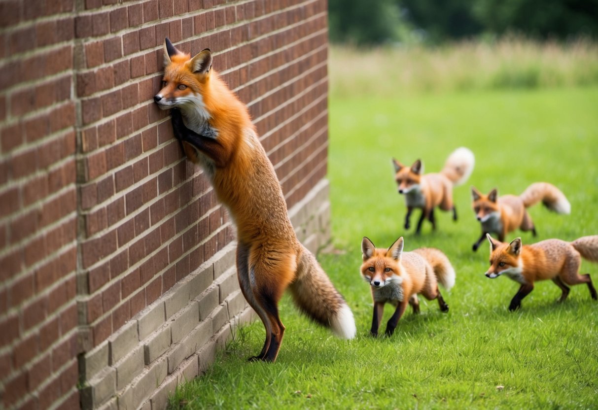 A red fox scales a tall brick wall, its agile body effortlessly navigating the uneven surface. Nearby, a group of smaller foxes playfully chase each other through a lush green meadow