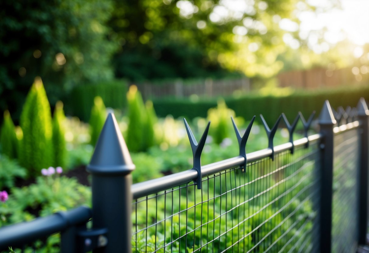 A sturdy metal fence surrounds a lush garden, with sharp spikes and wire mesh designed to keep out foxes