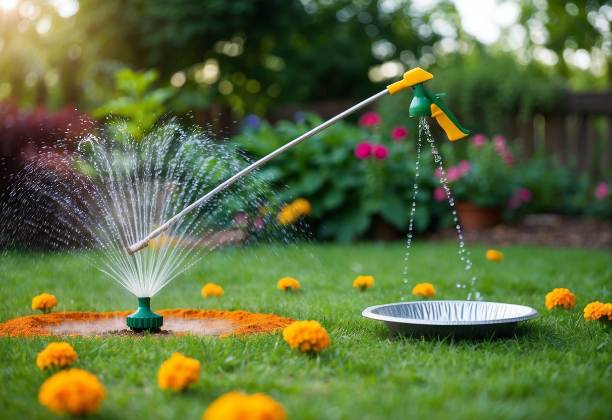 A garden with scattered natural repellents such as chili powder, garlic, and marigolds. Scare tactics include a motion-activated sprinkler and a hanging aluminum pie plate