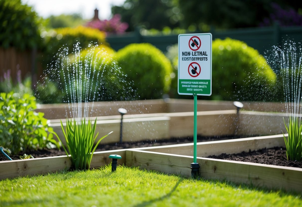 A garden with raised fences, motion-activated sprinklers, and a sign indicating the use of non-lethal fox deterrents