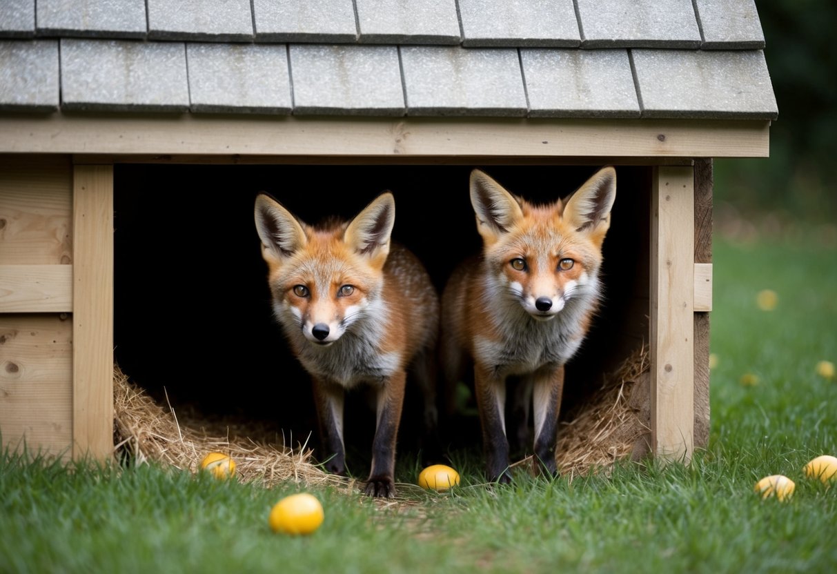 Foxes dig under a chicken coop, peering out from the freshly dug tunnel with mischievous eyes