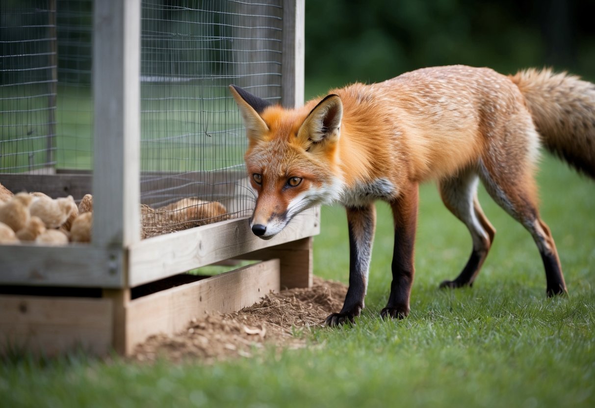 A fox digs under a chicken coop, its tail flicking as it investigates the area