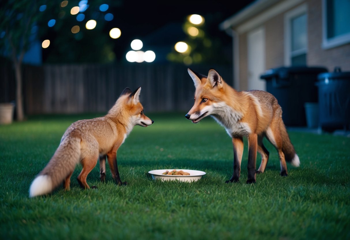 A suburban backyard at night, with a small dish of food placed on the ground and a curious fox approaching cautiously