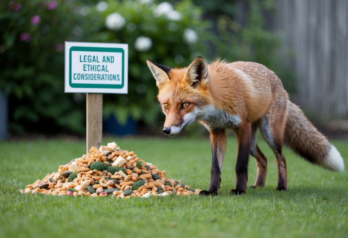 A fox cautiously approaches a pile of food left out in a garden, while a sign nearby displays legal and ethical considerations