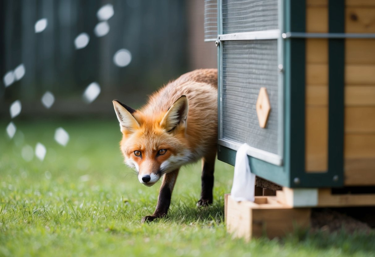 A fox digs under a chicken coop, while additional protective measures are being put in place
