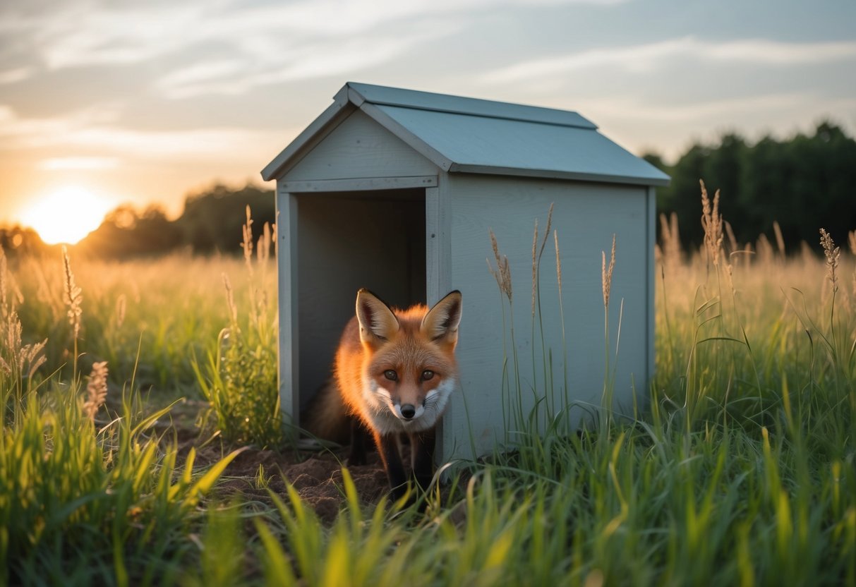A fox digs under a chicken coop, surrounded by tall grass and a setting sun