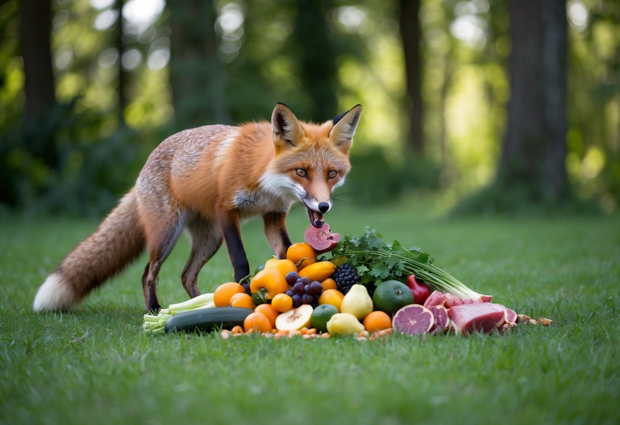 A fox eagerly eats from a pile of fruits, vegetables, and meat left out in a lush forest clearing