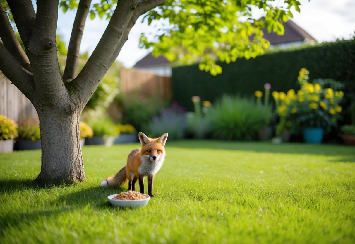 A lush backyard garden with a small bowl of fox-friendly food placed discreetly under a tree