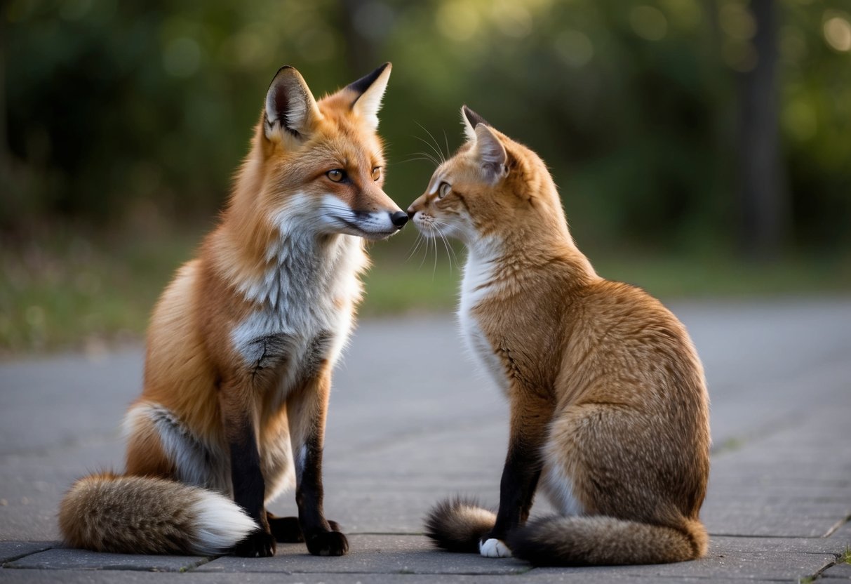 A fox and a cat sitting side by side, looking at each other with curiosity