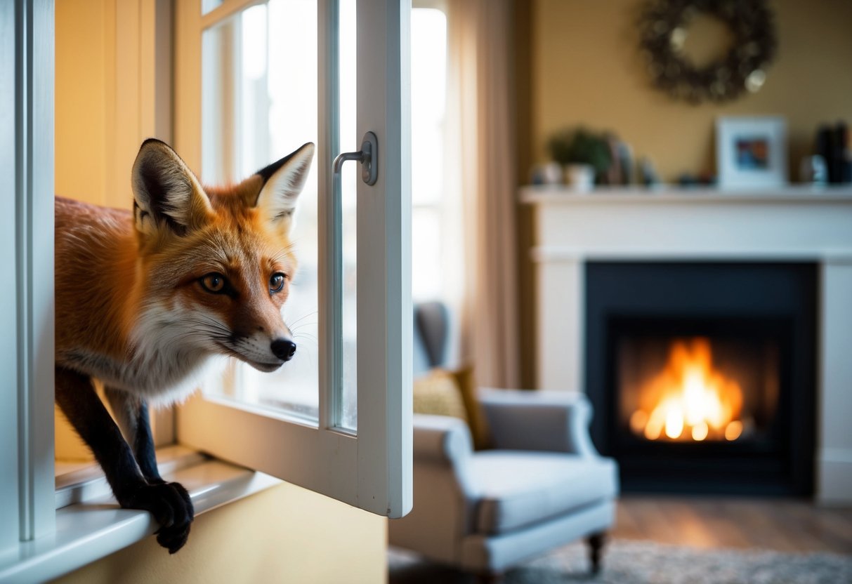 A curious fox peeks through an open window into a cozy living room with a crackling fireplace and a comfortable armchair