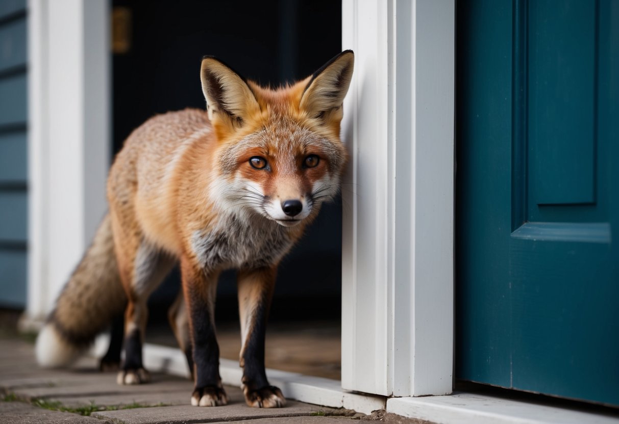A fox cautiously approaches a house, peering through a crack in the door with curiosity