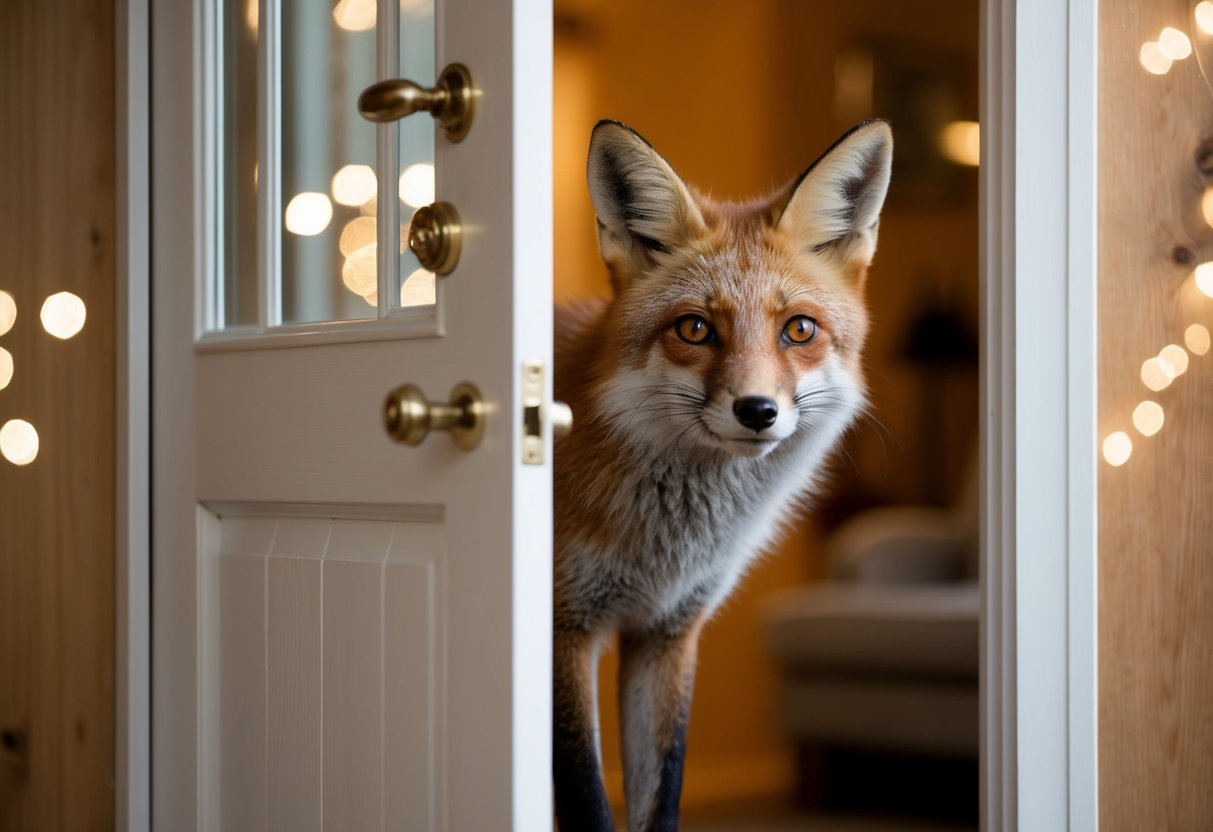 A fox cautiously enters a partially open door of a cozy, well-lit house, with a curious expression on its face