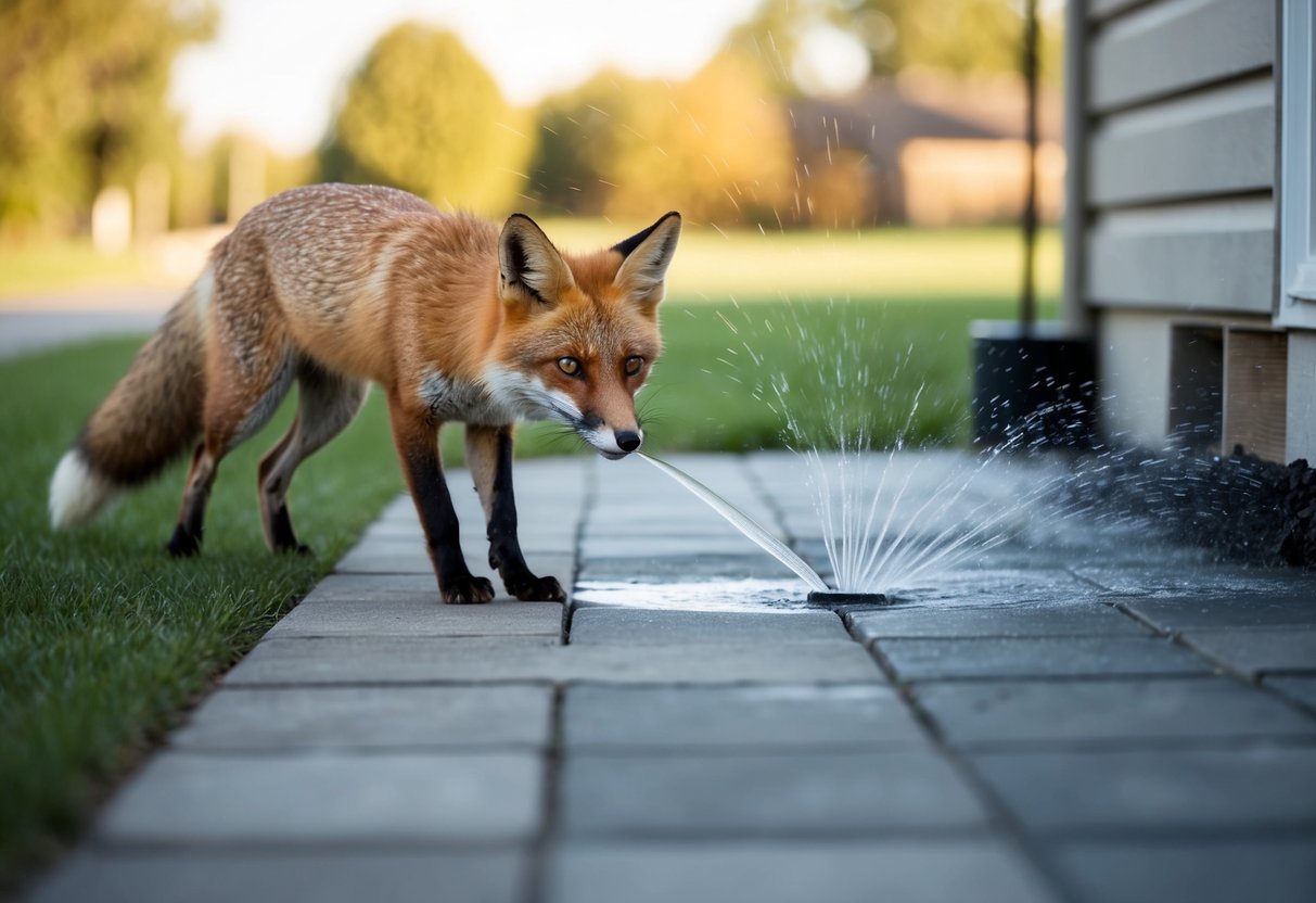 A fox cautiously approaches a house, but stops at the sight of a motion-activated sprinkler system spraying water in its path