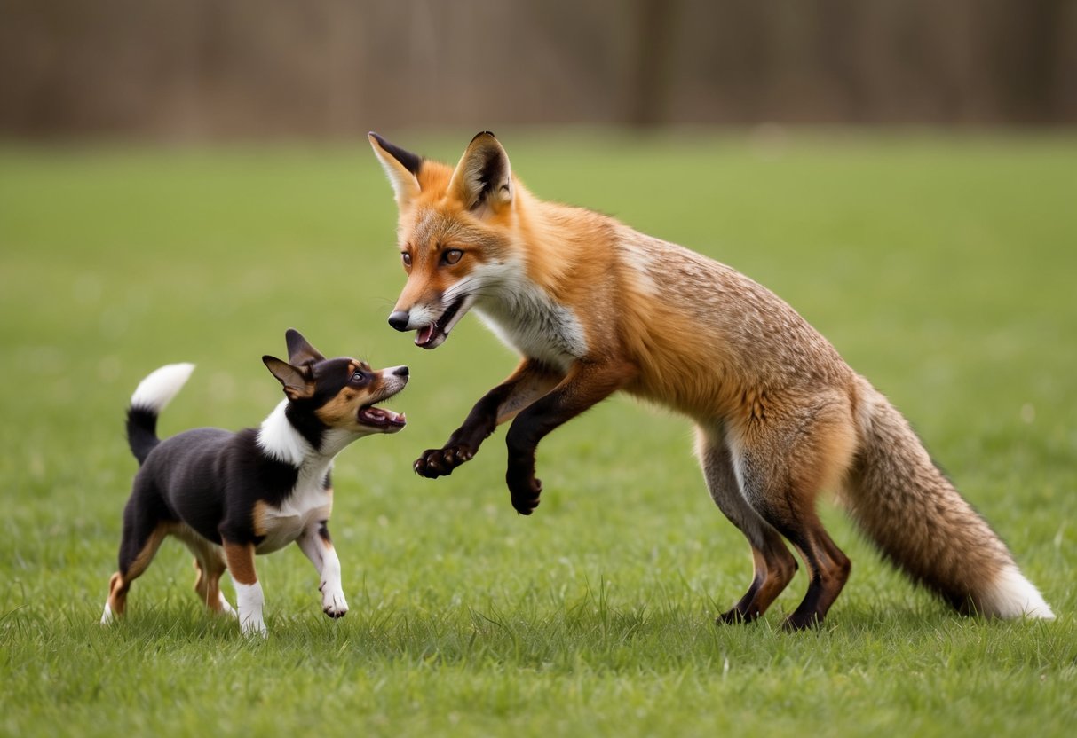 A fox pounces on a small, startled dog in a grassy clearing