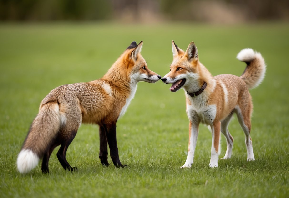 A fox cautiously approaches a wary dog, both standing alert in a grassy clearing