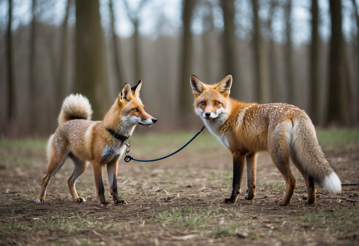 A fox approaches a dog, both standing alert in a forest clearing. The dog is on a leash, while the fox cautiously approaches, ears perked