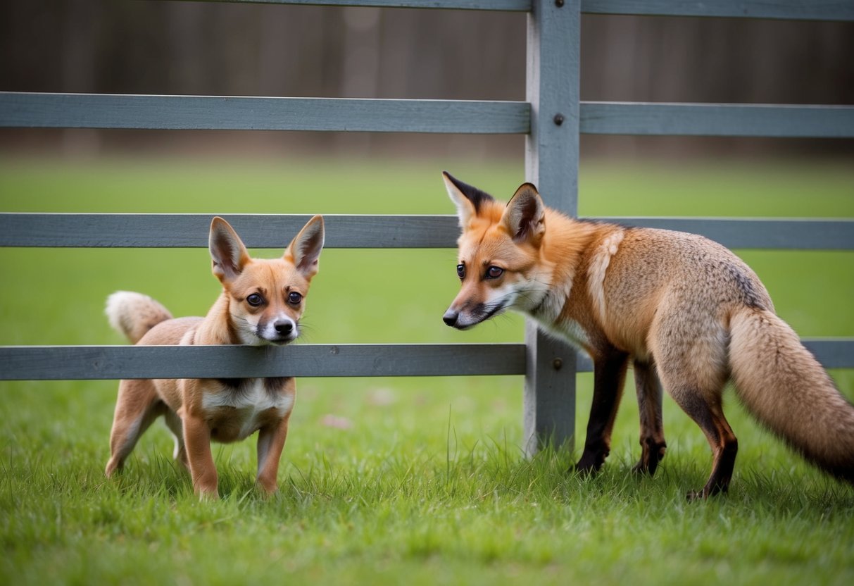 A small dog cowers behind a sturdy fence as a sleek fox lurks nearby, eyeing the pet with a predatory gaze