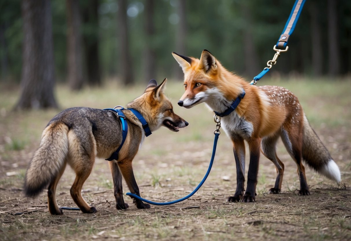 A fox cautiously approaches a leashed dog, both creatures eyeing each other warily in a forest clearing