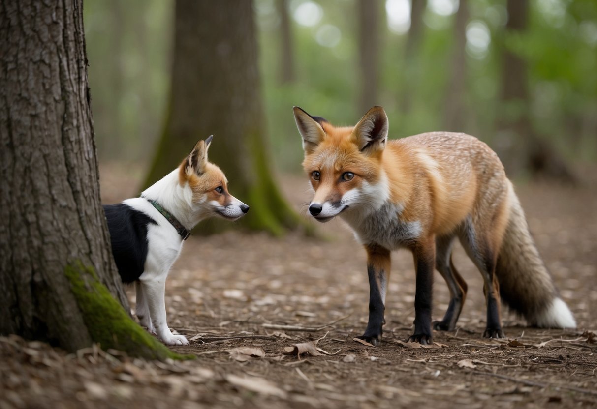 A fox lurks near a small dog in a wooded area, eyeing it cautiously. The dog appears unaware of the potential threat