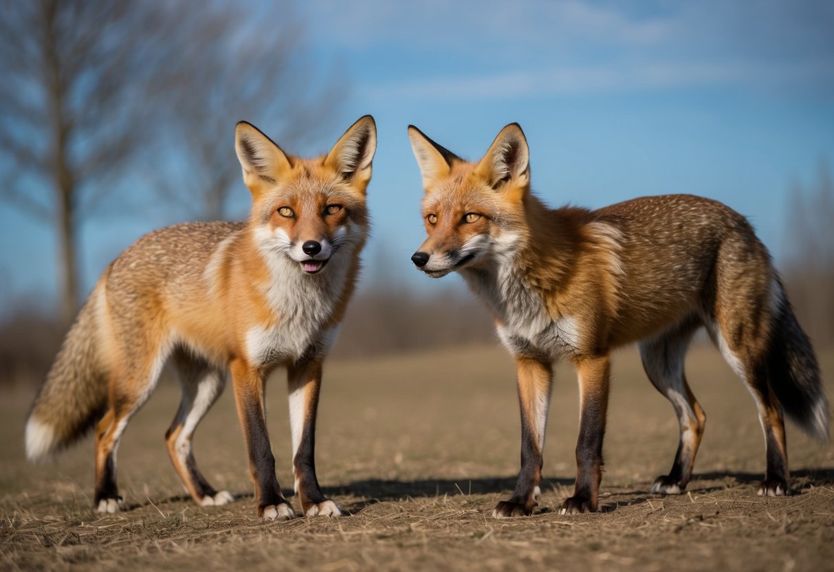 A fox cautiously approaches a dog, both standing alert. The dog maintains a defensive stance, while the fox appears curious but cautious