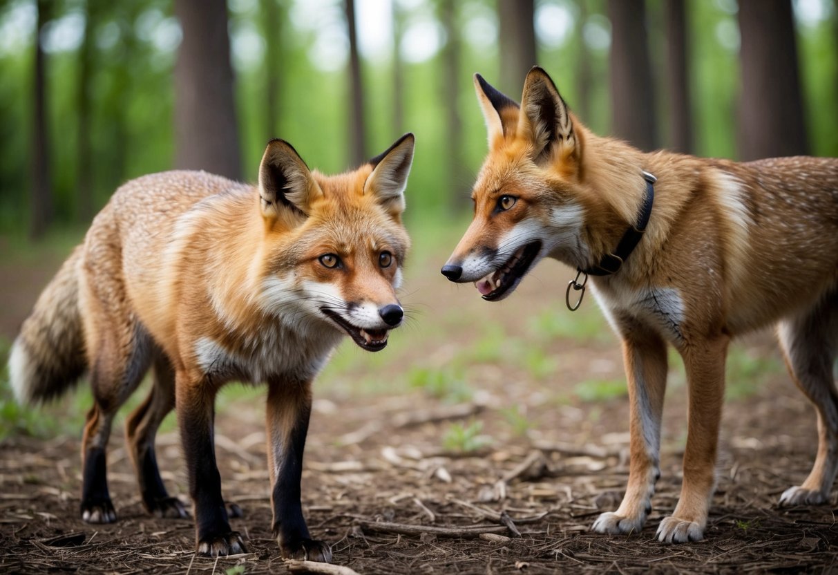 A fox cautiously approaches a wary dog, both with alert stances and locked eyes, in a forest clearing