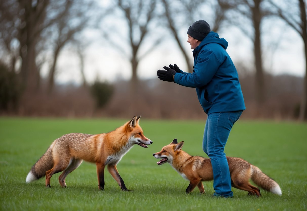 A fox approaches a person and their dog. The person stands tall and makes loud noises to scare the fox away. The dog stays close to the person for protection