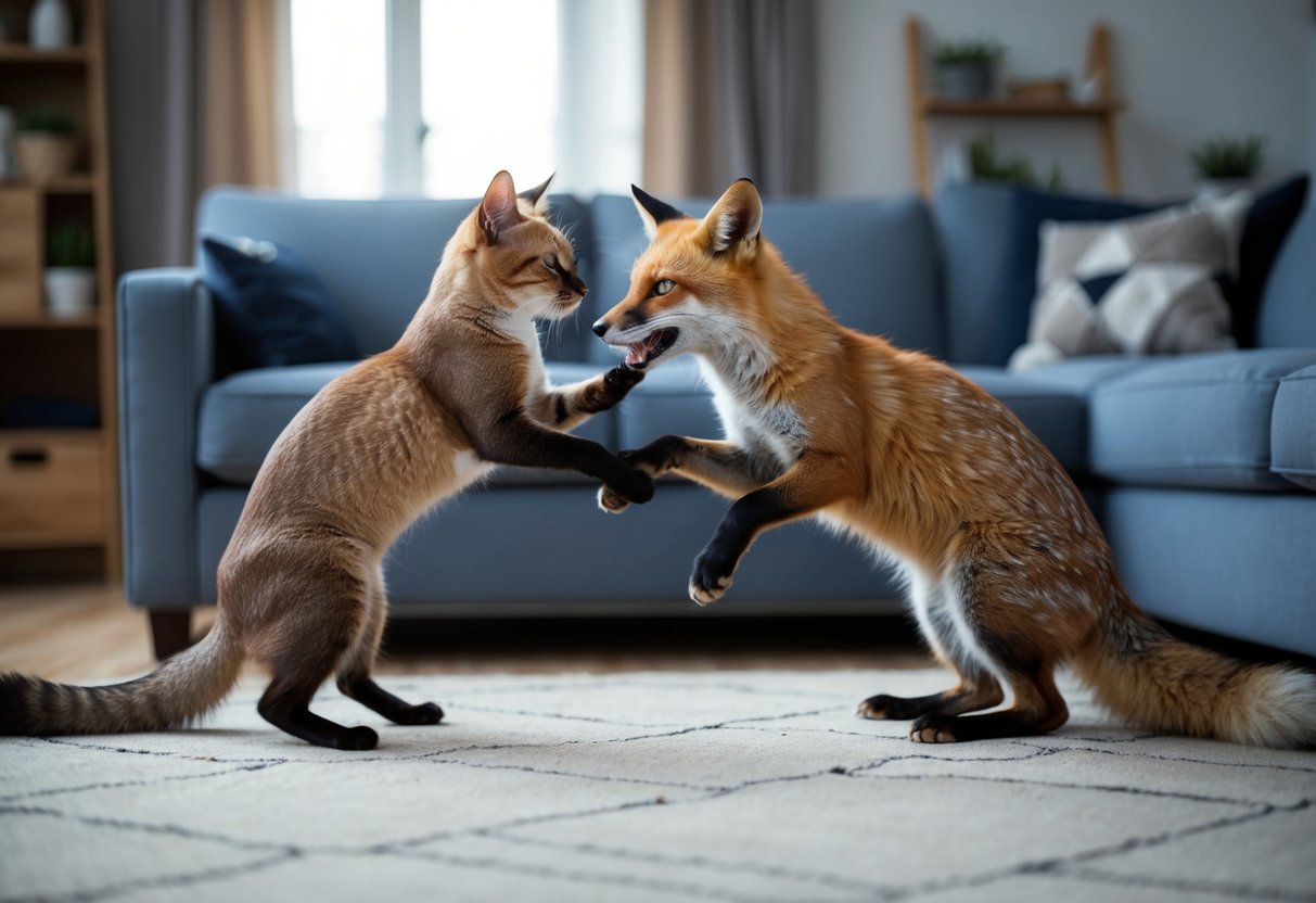 A domestic cat and a fox playfully interact in a cozy living room, showcasing their unique bond