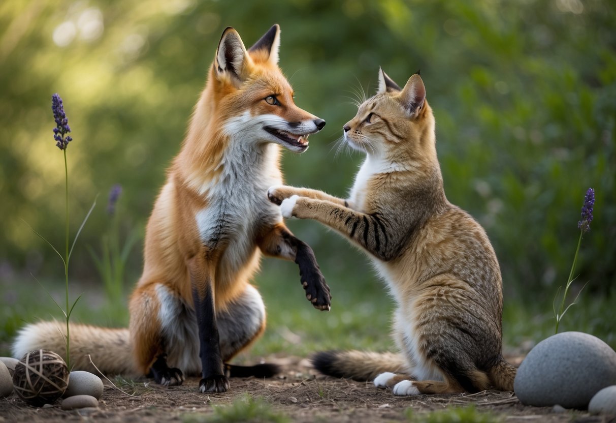 A fox and a cat playfully interact in a natural setting, surrounded by elements that represent the Canidae and Felidae families