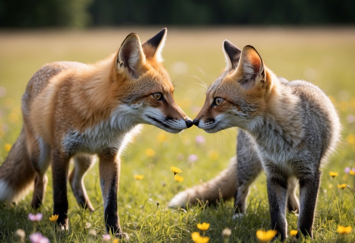 A fox and a cat nuzzle noses in a peaceful meadow