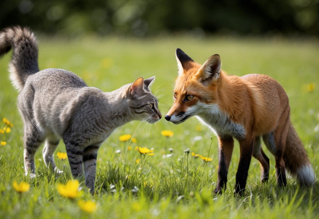 A domestic cat and a red fox cautiously approach each other in a lush meadow, their eyes locked as they cautiously sniff at each other