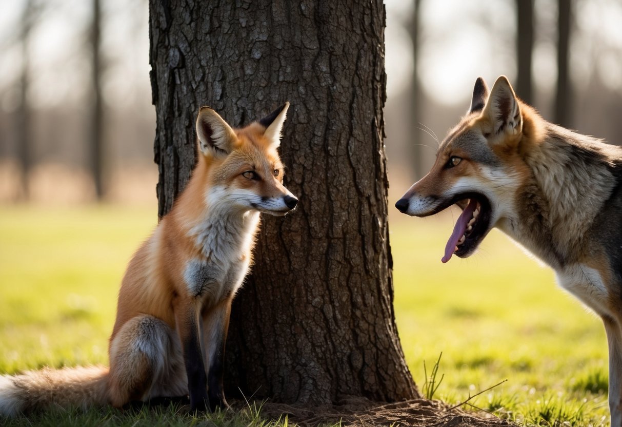 A fox cowers behind a tree, ears flattened, as a snarling dog approaches