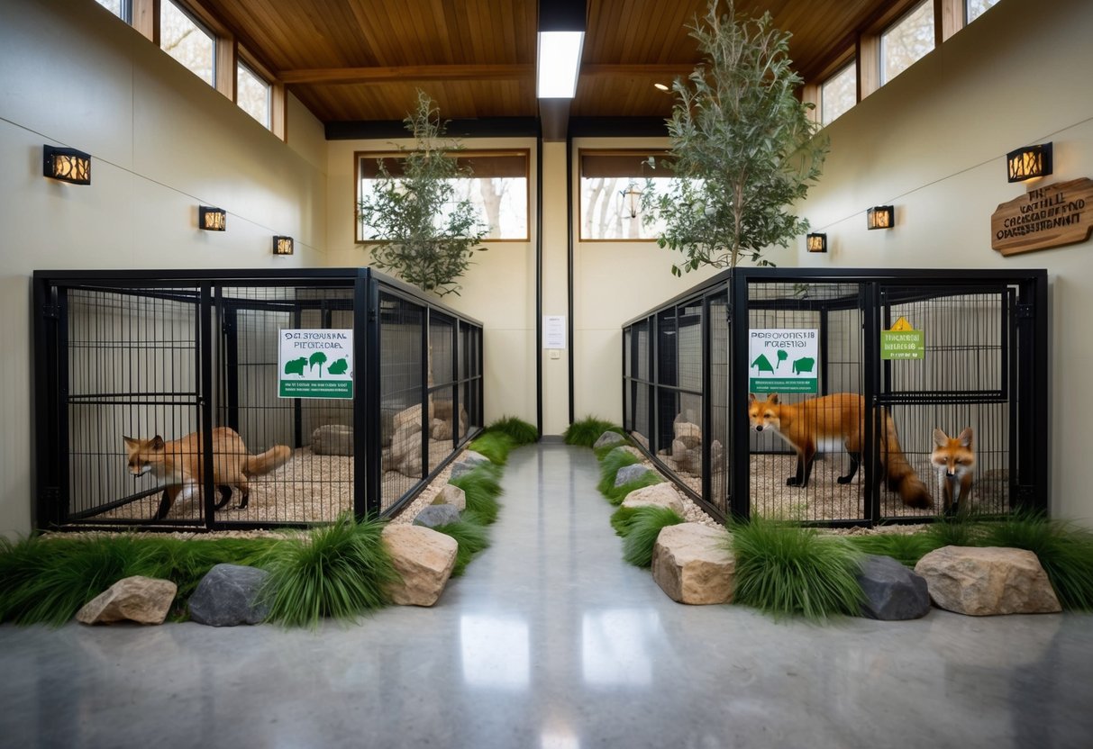 A cozy indoor space with separate enclosures for cats and foxes, featuring natural elements like trees, grass, and rocks. Wildlife conservation signs are displayed prominently
