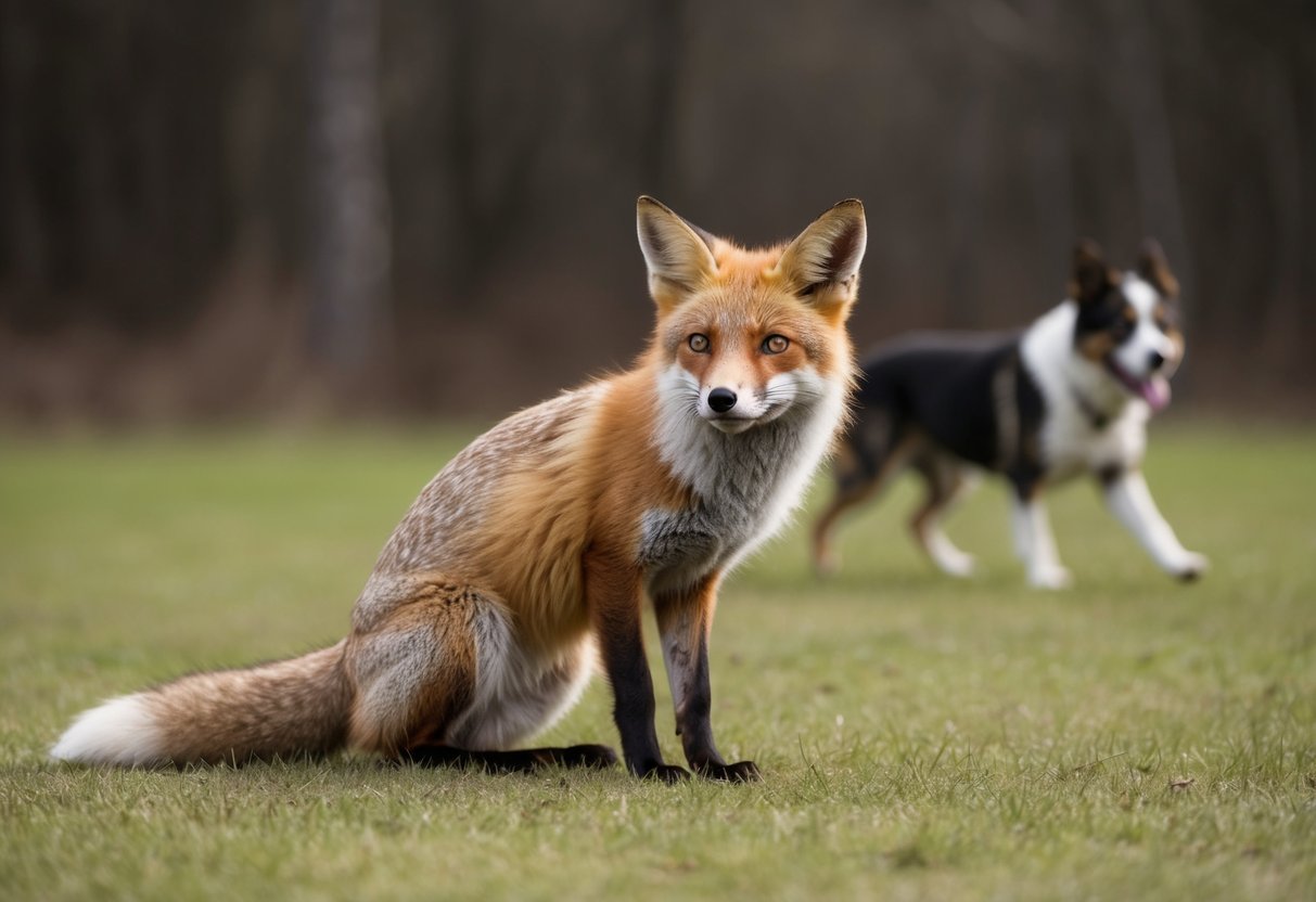 A fox crouches low, ears back, and tail tucked as it looks nervously at a barking dog in the distance