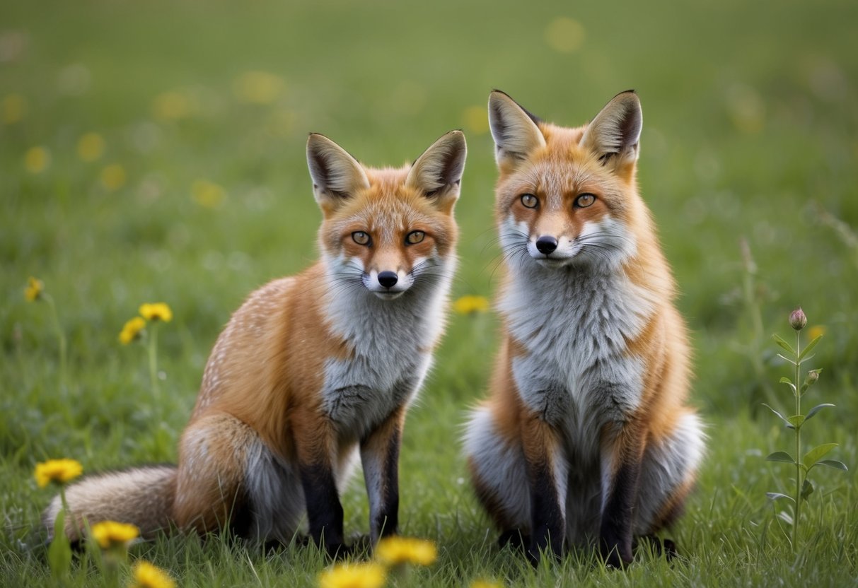 A fox and a cat sitting peacefully together in a green meadow, with a cautious yet friendly expression on their faces