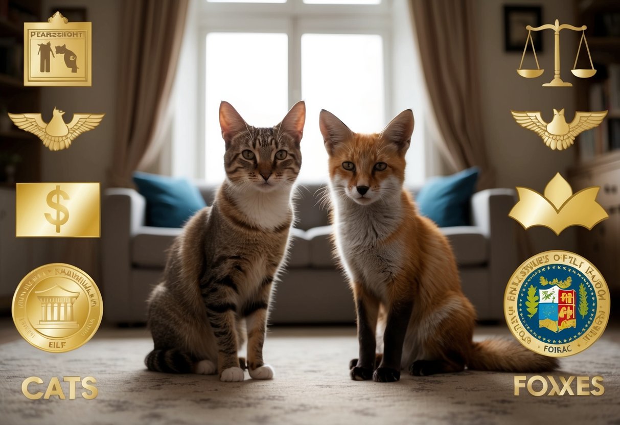 A cozy room with cats and foxes peacefully coexisting, surrounded by cultural and legal symbols