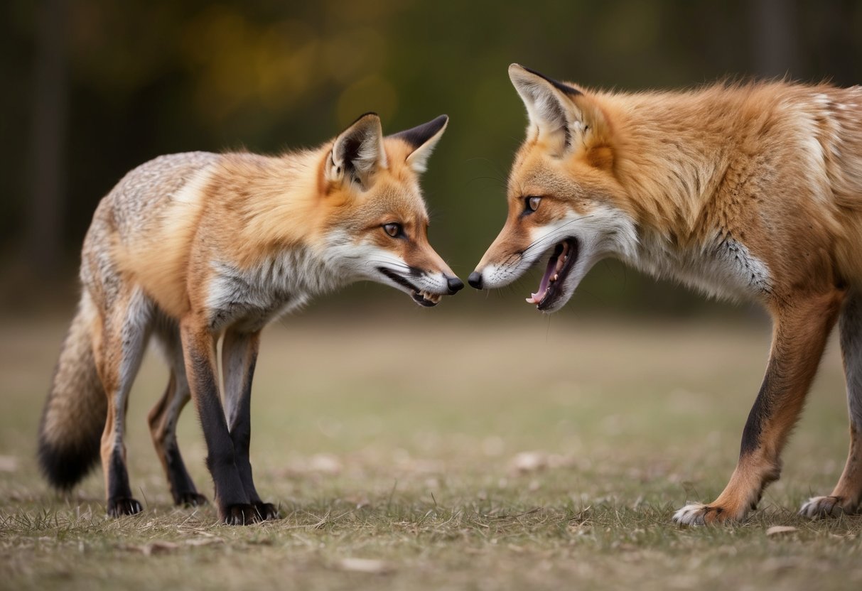 A startled fox cowers as a barking dog approaches