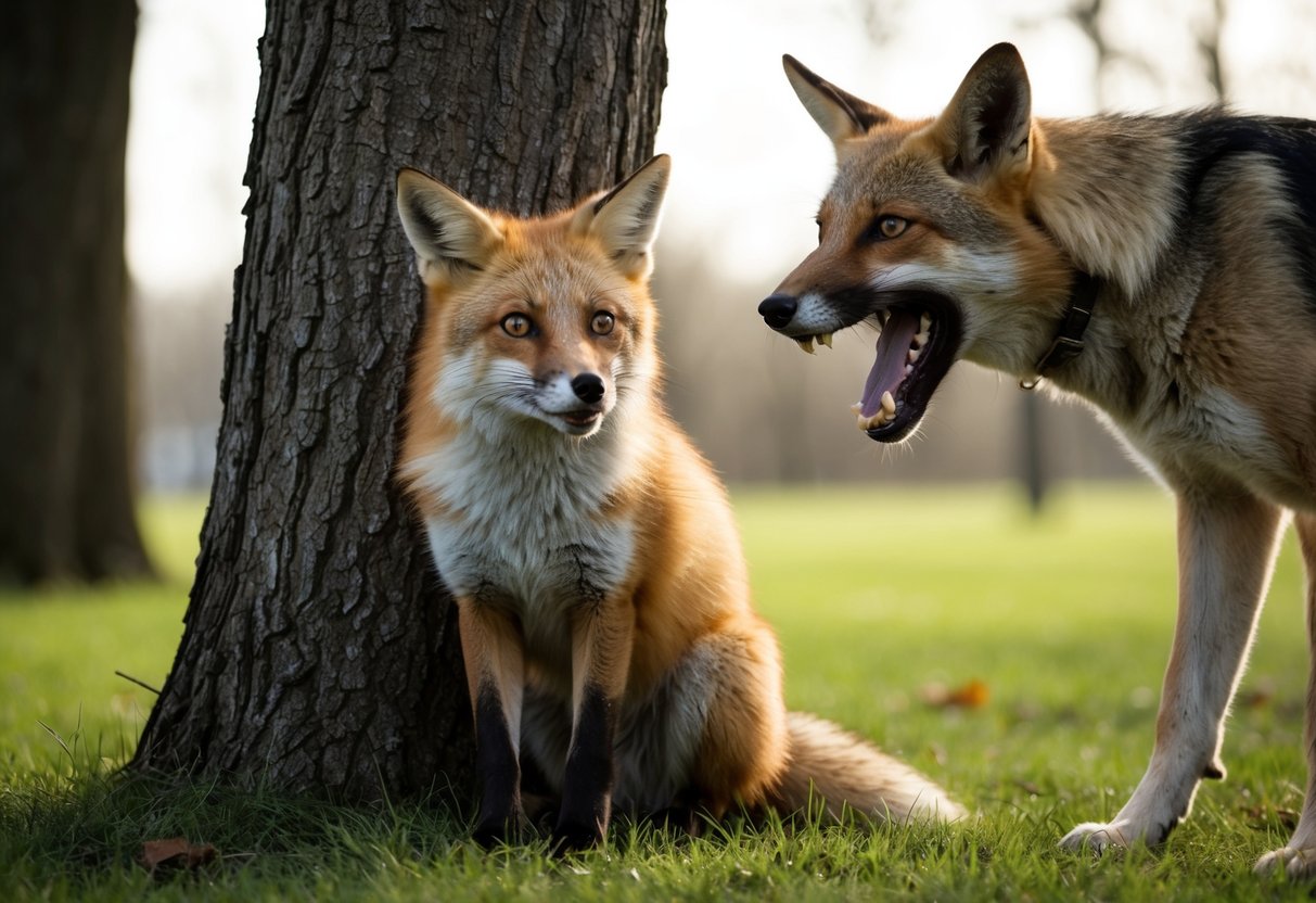 A fox cowers behind a tree, eyes wide with fear, as a snarling dog approaches