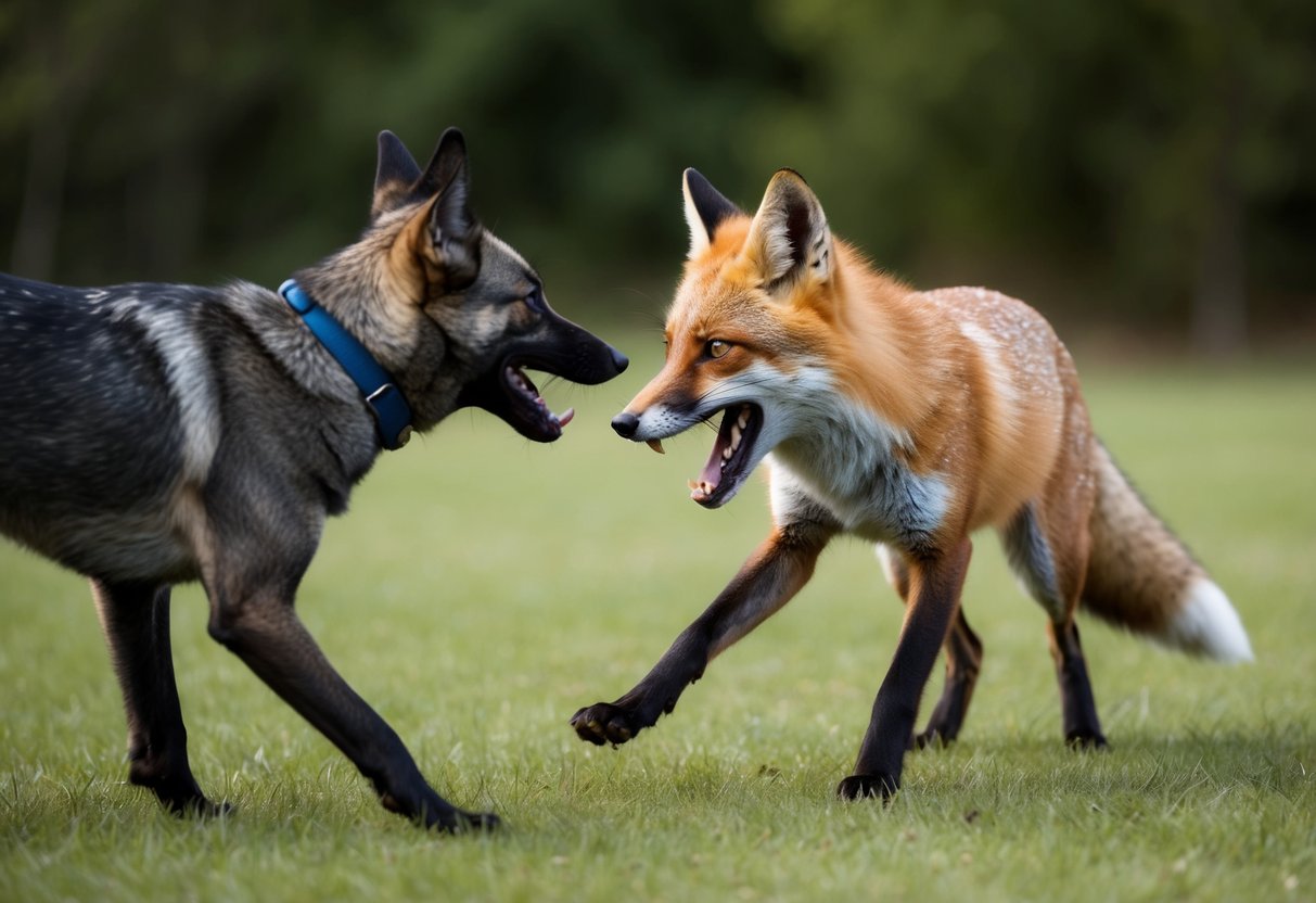 A fox snarls and lunges at a barking dog, teeth bared and fur bristling