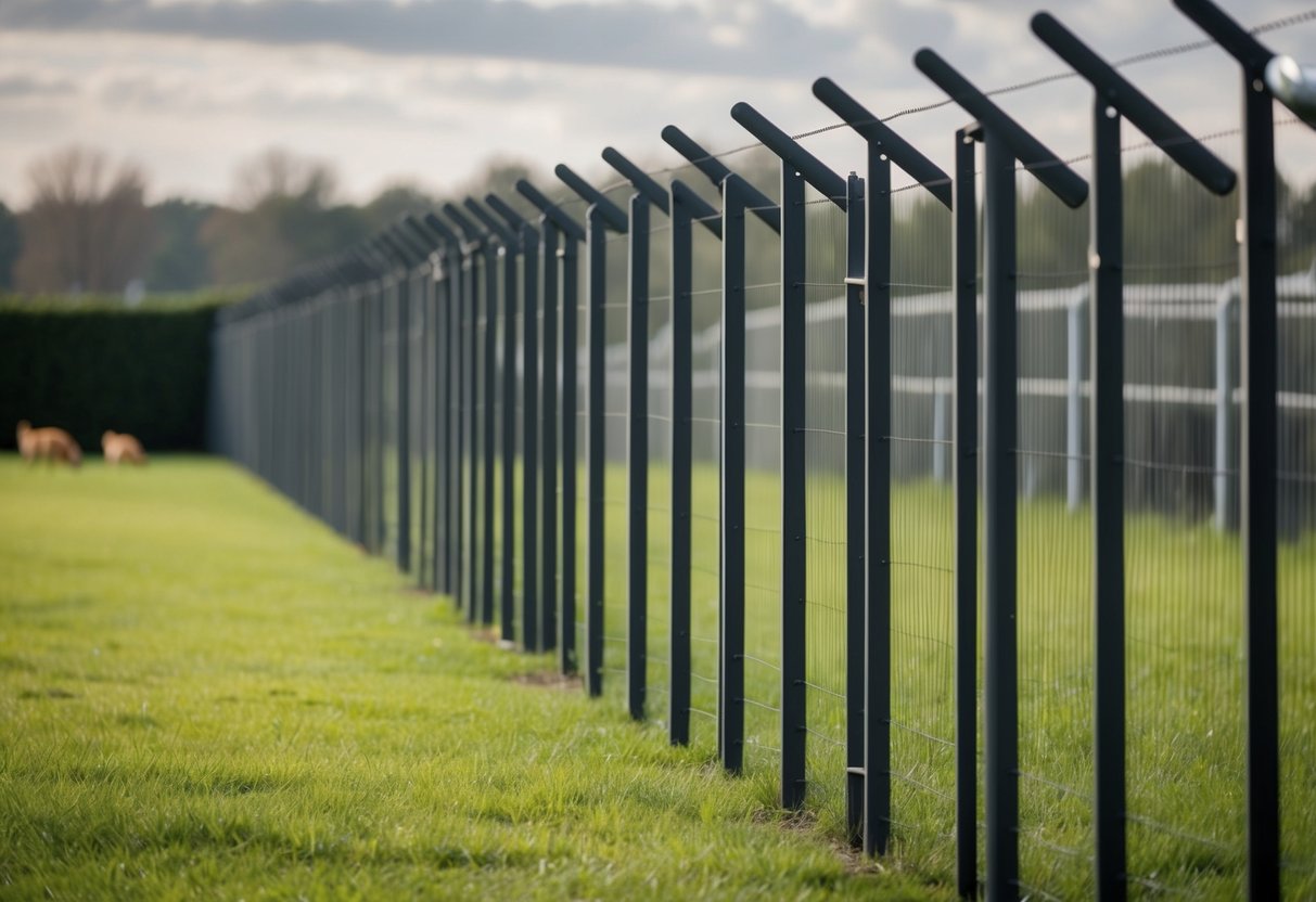 A tall, sturdy fence with angled metal barriers at the top, preventing foxes from climbing over