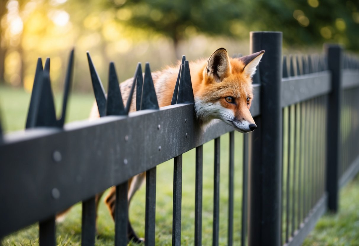 A sturdy fence with angled metal spikes deters foxes from climbing