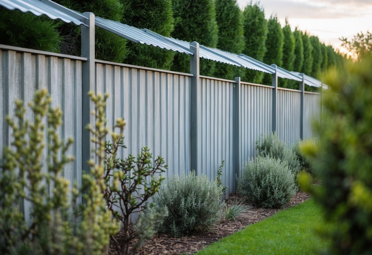 A sturdy fence with angled metal sheeting on top deters foxes from climbing into the garden. Tall, dense shrubs and prickly plants line the perimeter