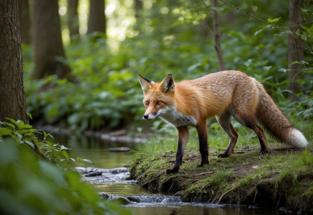 A fox prowls through a forest, its keen eyes scanning for prey. It pauses near a den, surrounded by lush greenery and a babbling stream