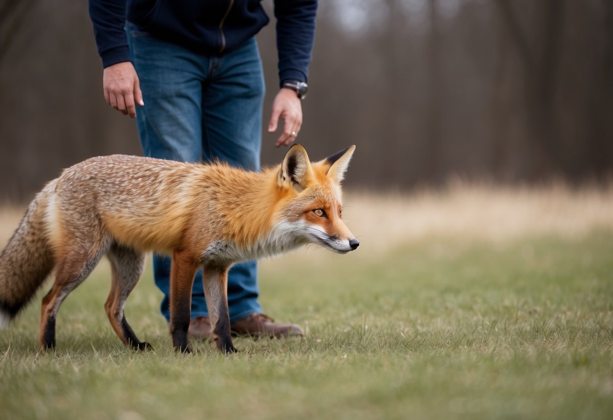 A fox approaches a person with caution, sniffing the air for signs of danger. The person observes the fox with curiosity and respect
